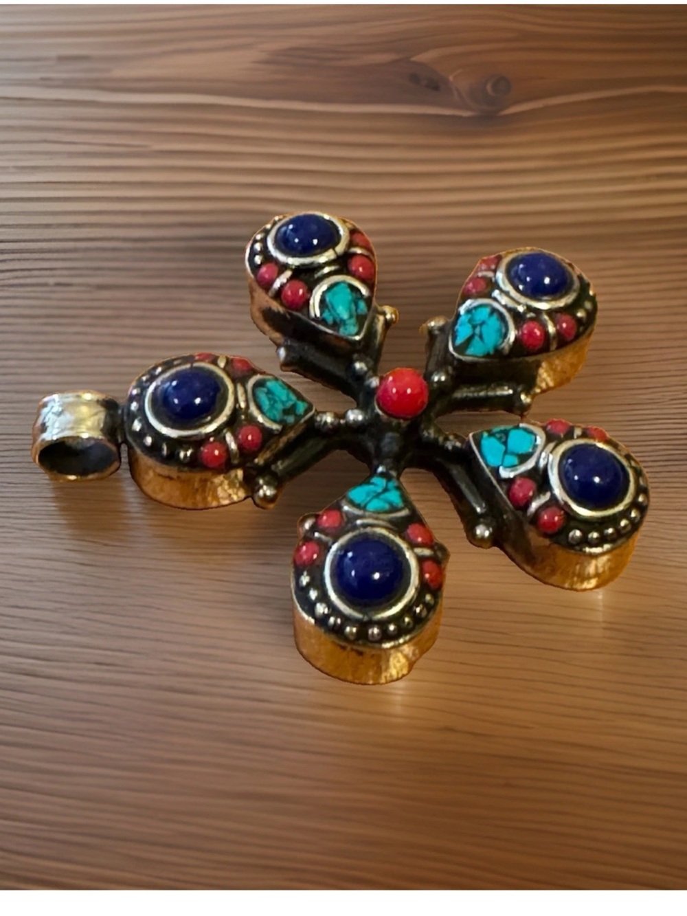 Handcrafted Vintage Style Artisan Floral Pendant Inlay Stones Set In Silver 18gr - Picture 5 of 9